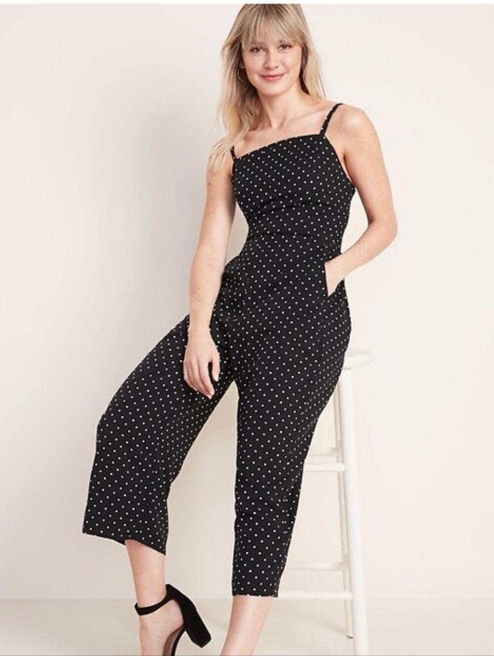 Old Navy Square Neck Black Polka Dot Wide-Leg Cropped Jumpsuit